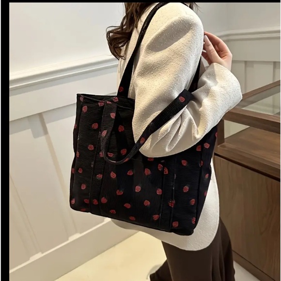 Cute Strawberry Pattern Tote Bag, Large Capacity Corduroy Shoulder Bag - Picture 4 of 6